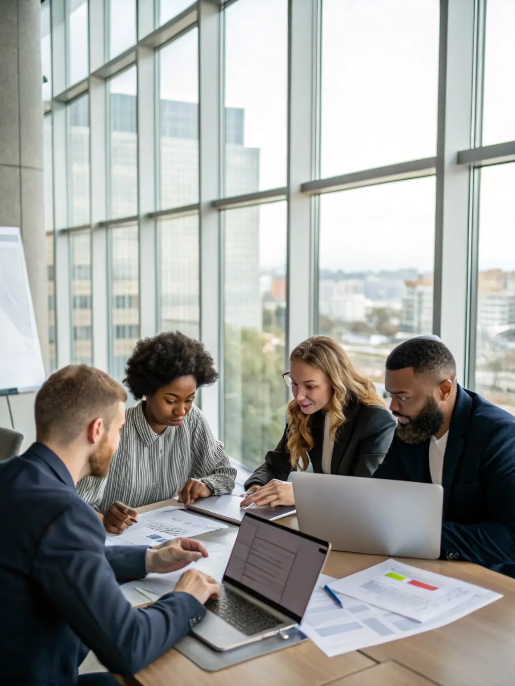 A diverse team of financial experts collaborating in a modern office, representing the expertise and support offered by Monumental Funding Solutions.