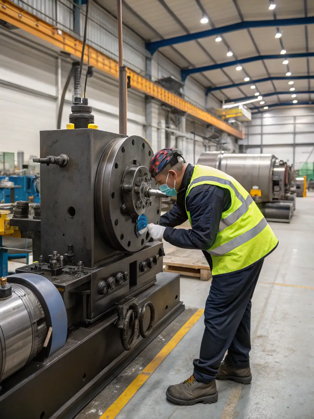 A business owner inspecting new equipment in a manufacturing plant, representing long-term investment through Monumental Funding Solutions.