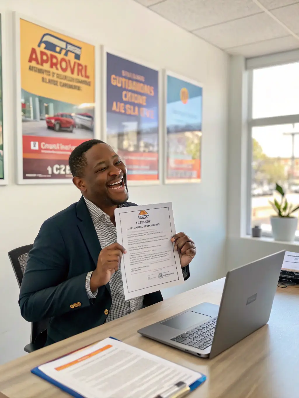 A business owner happily reviewing a loan agreement, symbolizing ease and trust with Monumental Funding Solutions.