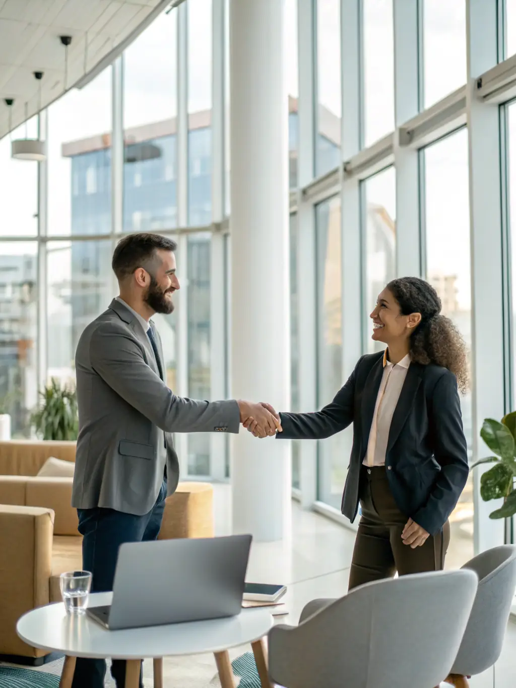 A professional businessman confidently shaking hands with a financial advisor in a modern office setting, symbolizing a successful funding agreement.