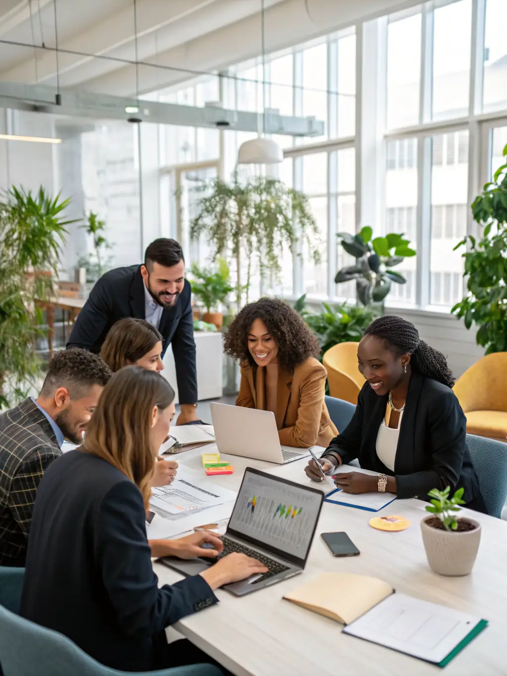 A diverse group of entrepreneurs collaborating in a bright, open workspace, symbolizing the support Monumental Funding Solutions provides to businesses.