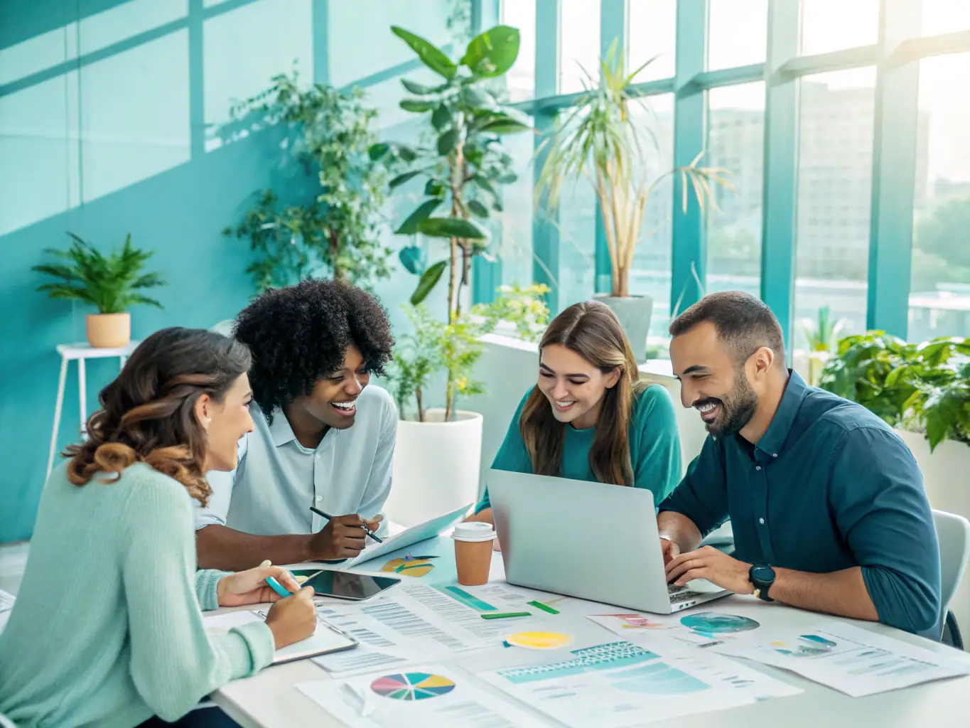 A diverse group of entrepreneurs collaborating around a table, reviewing financial documents and discussing growth strategies, representing flexible eligibility.