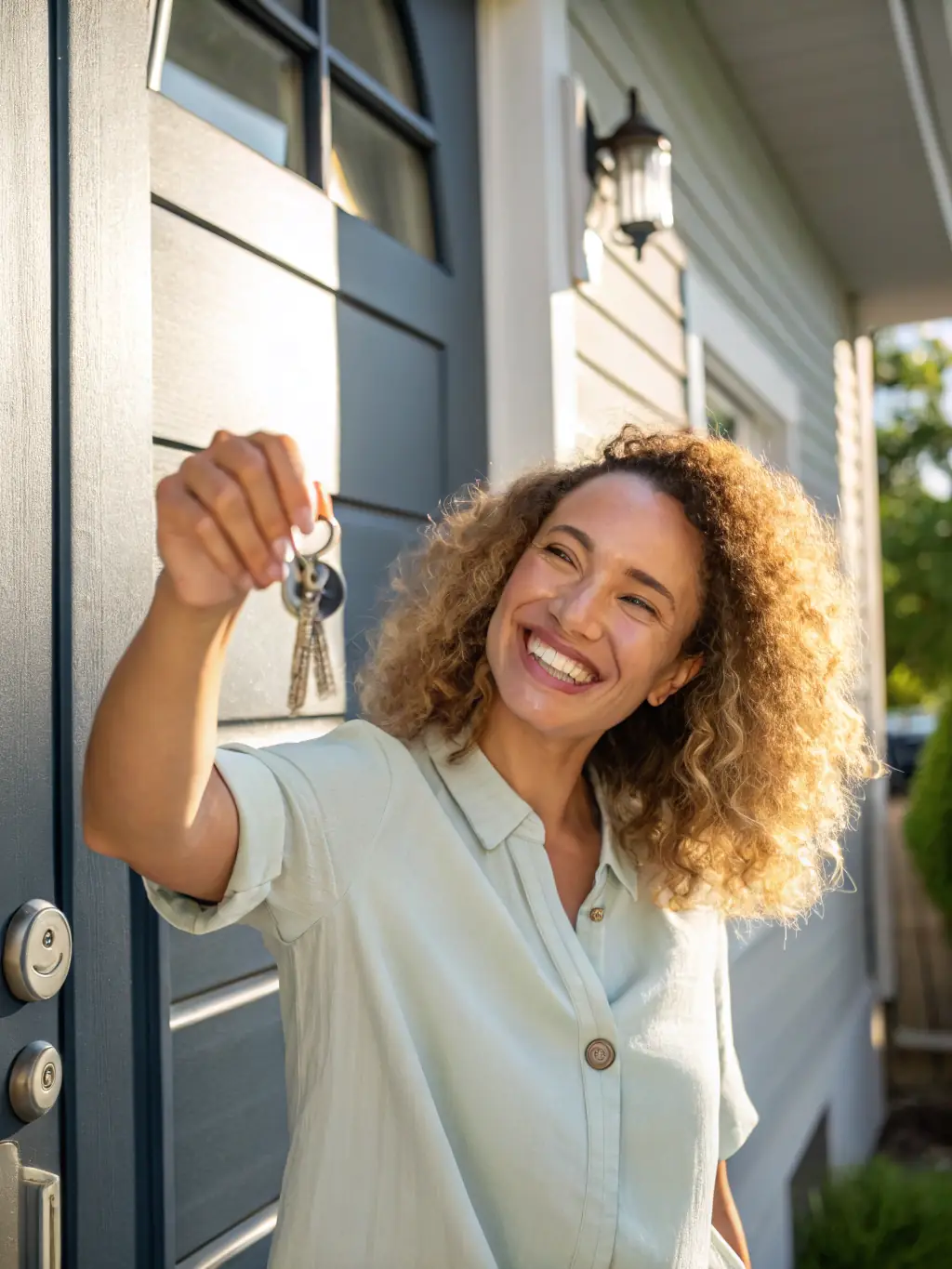 A person looking relieved and smiling while holding keys to a new house, symbolizing the dream of homeownership achieved through improved credit.