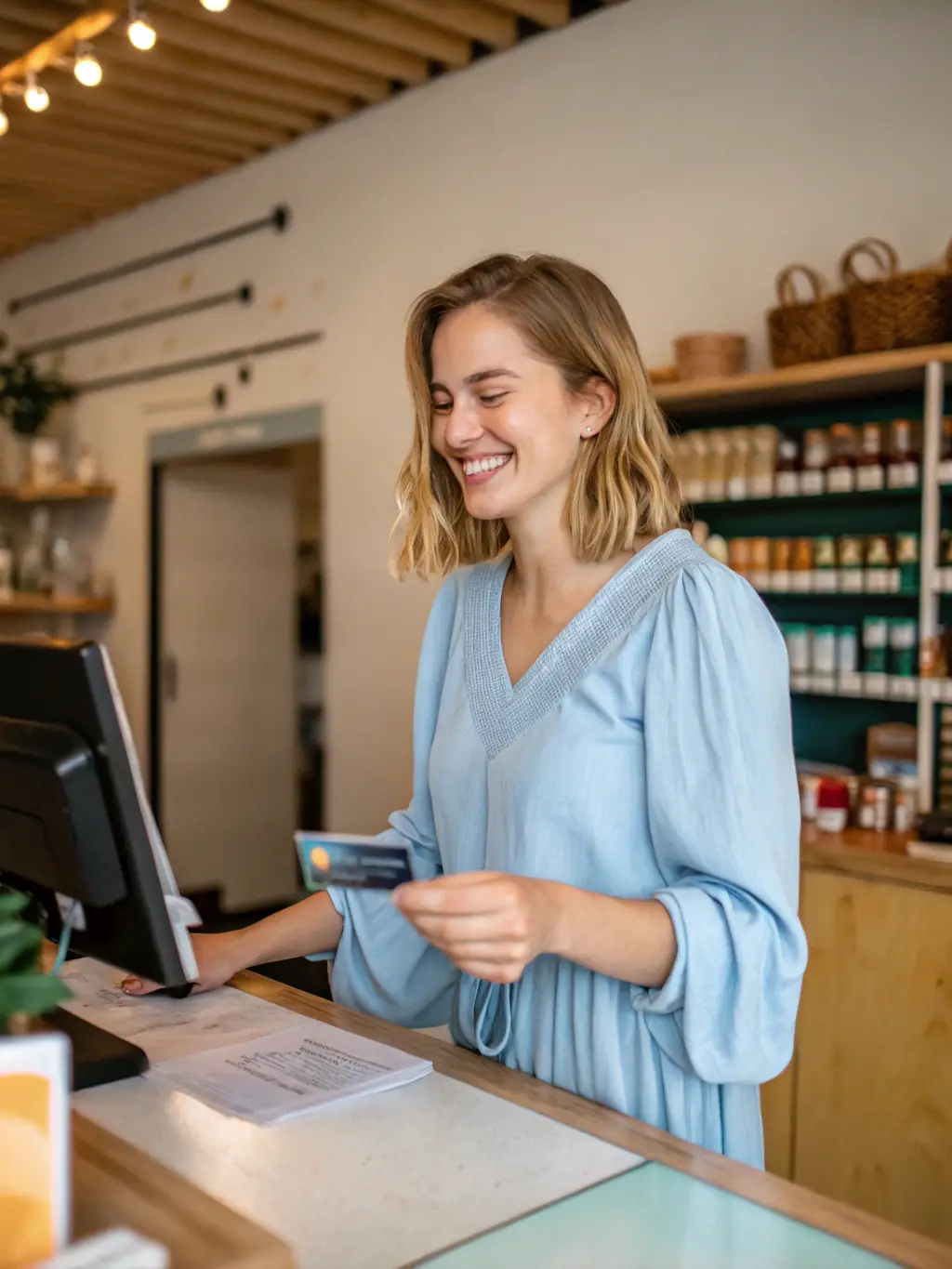 A person happily shopping with a credit card, illustrating the increased purchasing power gained through credit repair.