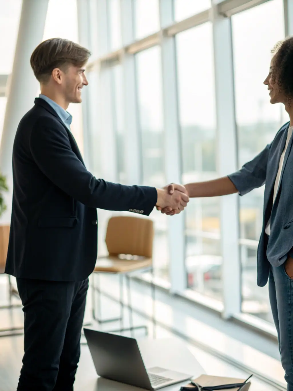 A professional businessman confidently shaking hands with a financial advisor in a modern office setting, symbolizing trust and partnership.